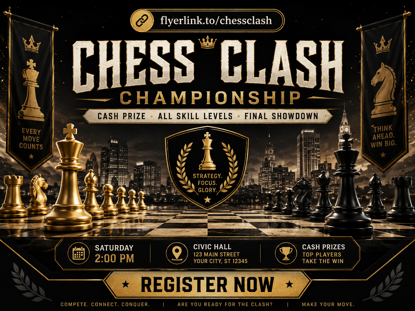 Chess Clash FlyerLink preview with tournament flyer and sign up to compete call to action