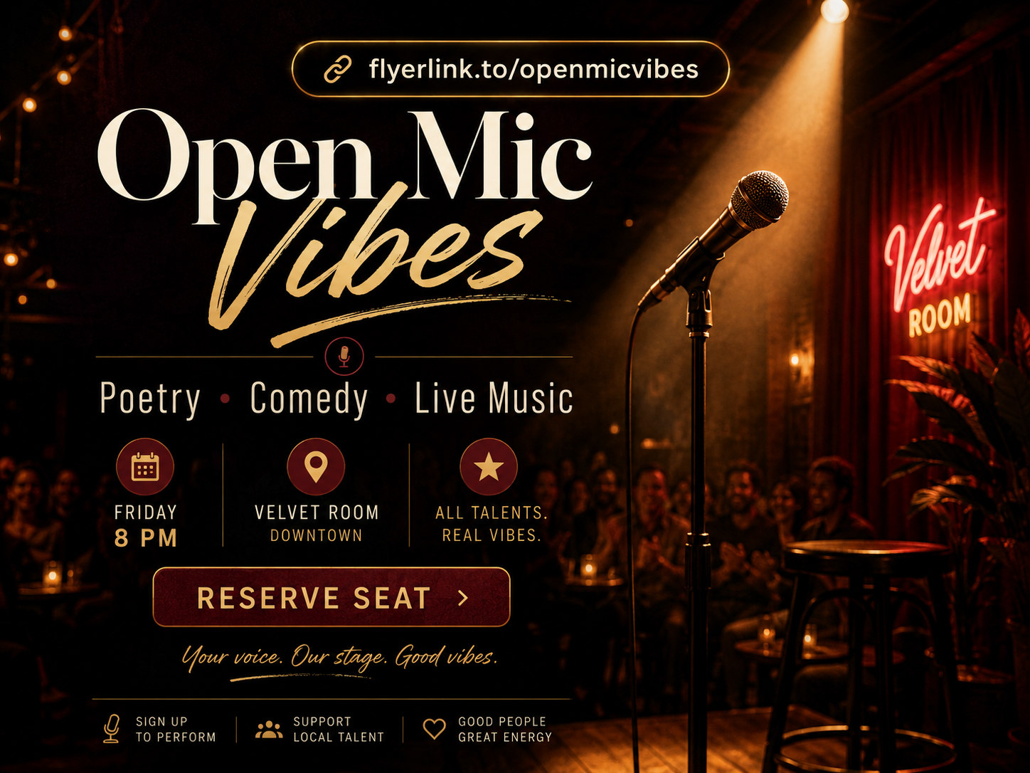 Open Mic Vibes FlyerLink preview with stage microphone flyer and sign up to perform call to action