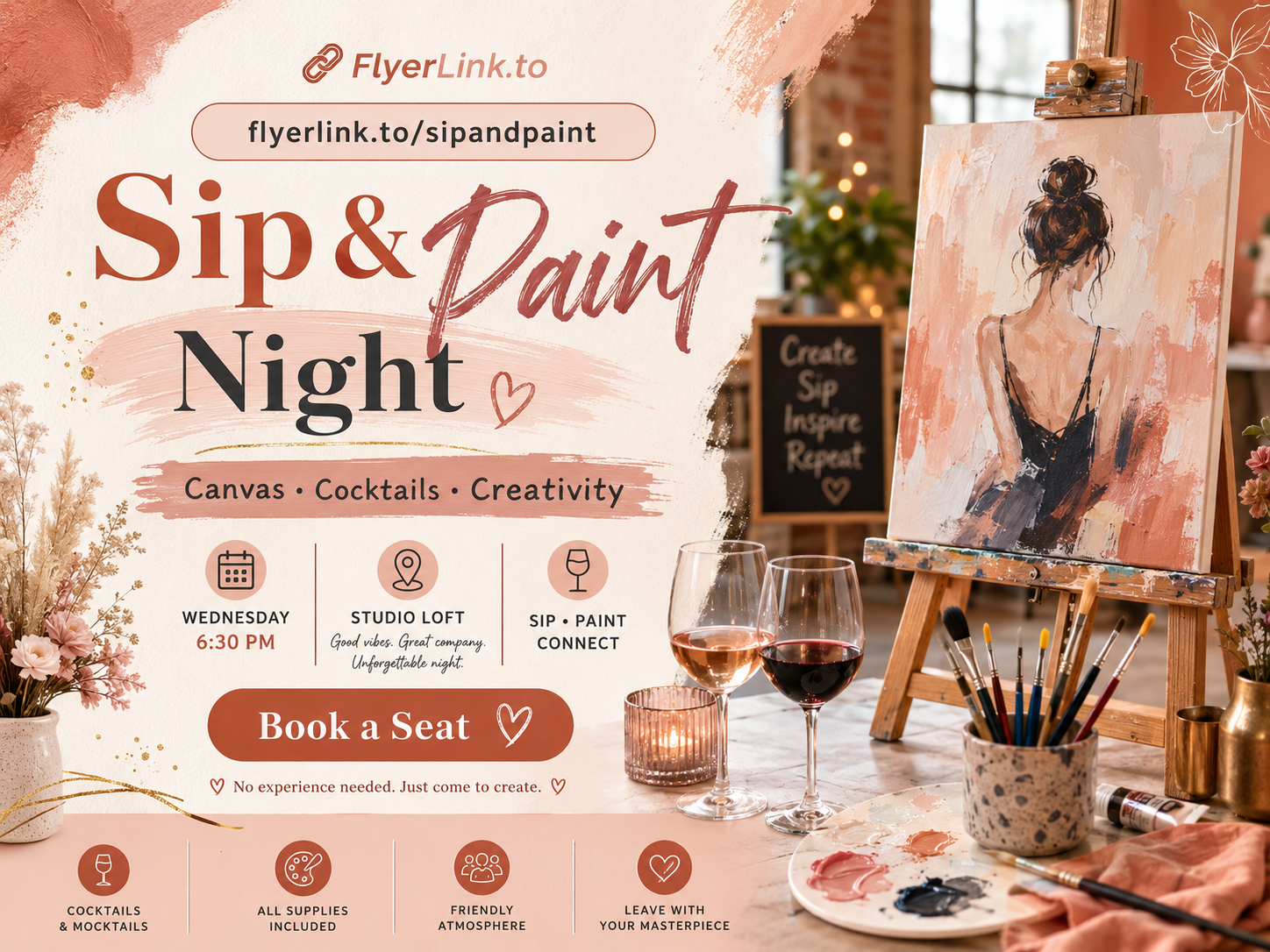 Sip and Paint FlyerLink preview with creative event flyer and save my seat call to action