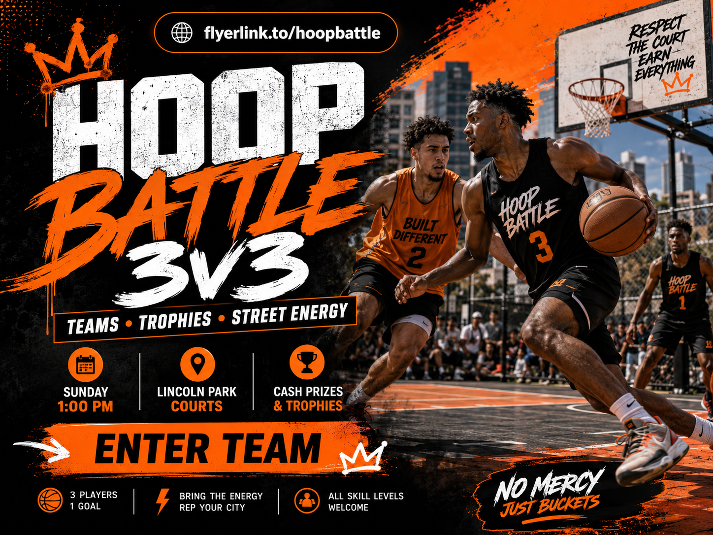 Hoop Battle FlyerLink preview with 3v3 basketball competition flyer and enter team call to action