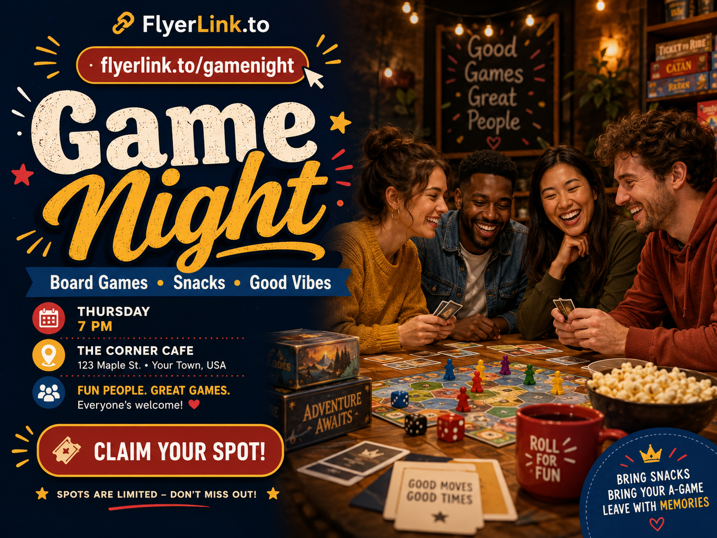 Game Night FlyerLink preview with board game night flyer and save my spot call to action